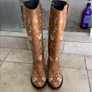 Liberty Floral Embroidered Tan Heeled Boots